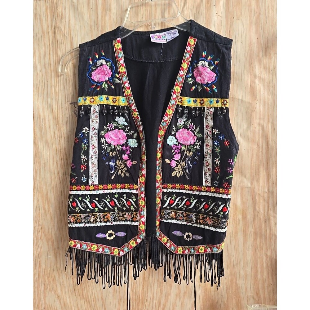 VINTAGE KIDS COUNT Vest Multicolor Stitching Flowers FRINGE MEDIUM